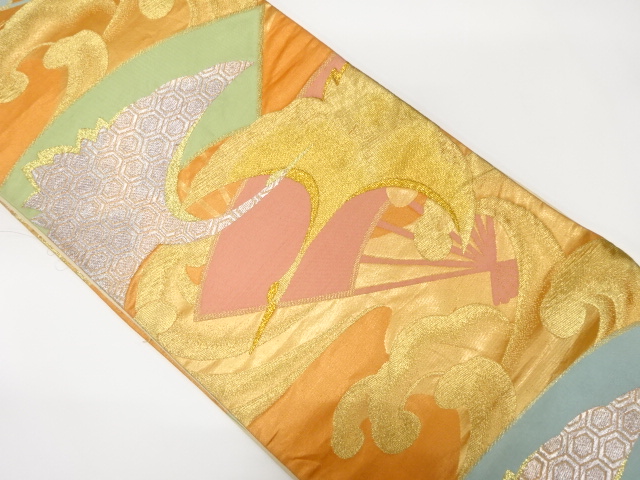 JAPANESE KIMONO / ANTIQUE FUKURO OBI / SILK / WOVEN CRANE & RAGING WAVES